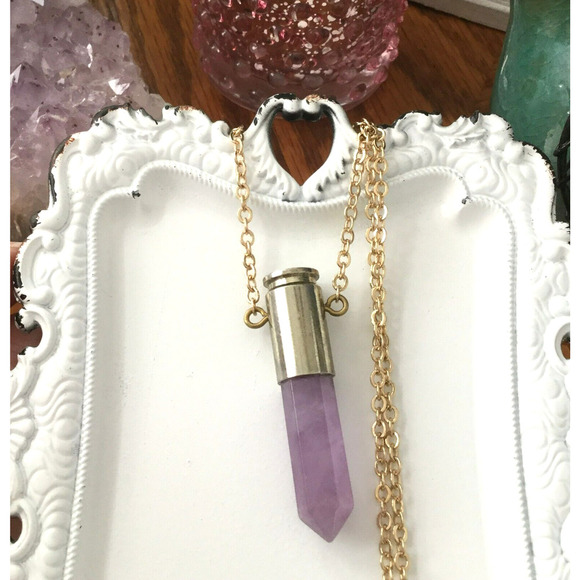 New Natural Purple Amethyst Crystal Point Bullet Style Pendant w/ Goldtone Chain - Picture 5 of 5